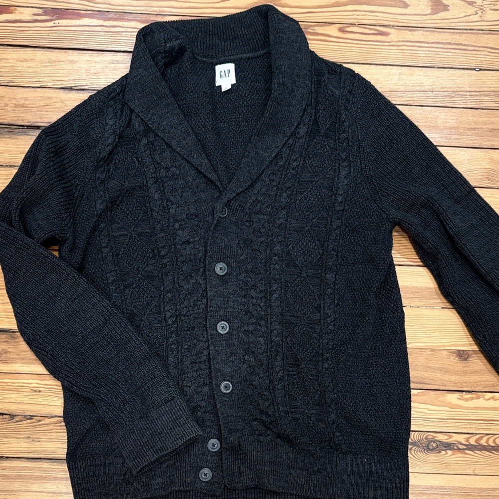 Dark gray cable knit cardigan sweater